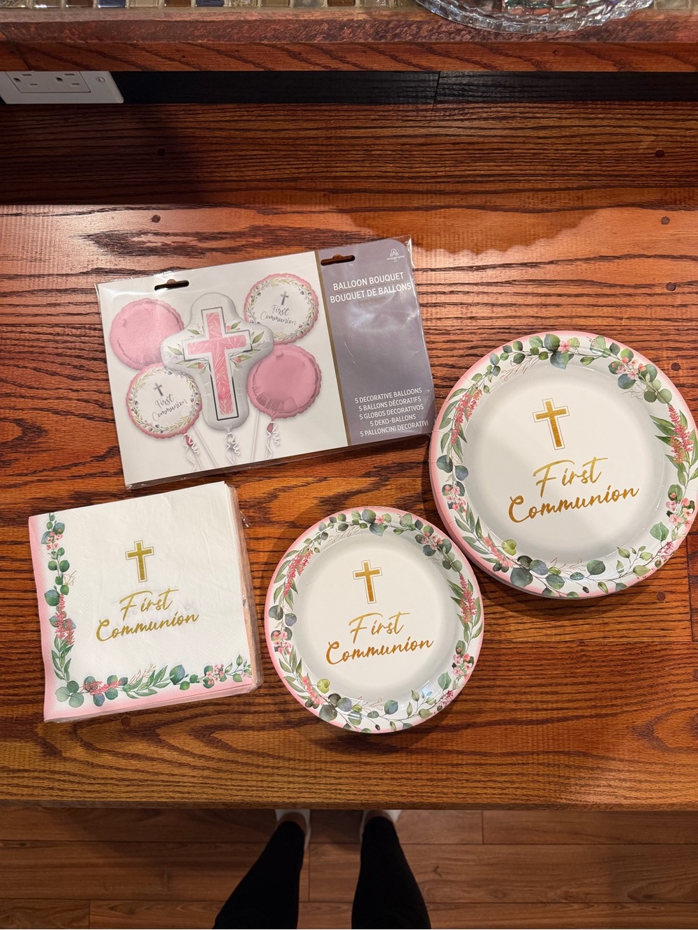First Communion Balloons, Party Plates & Napkins Set - Pink & Gold
